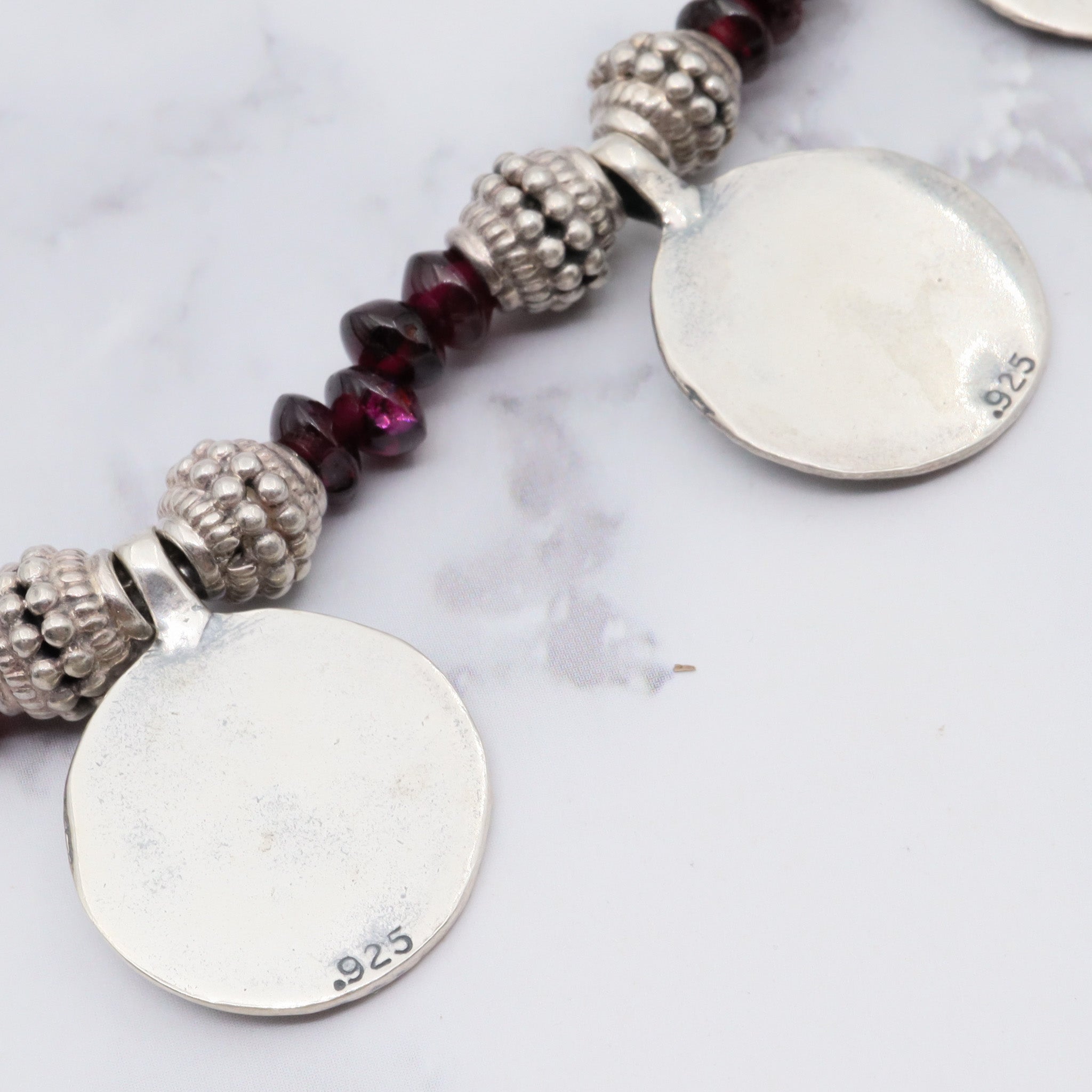 Vintage sterling garnet tribal necklace, 18"
